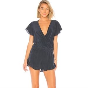 Chaser Womens Romper 100% Silk Crossover Ruffle Sleeve Hem Black Sz M
